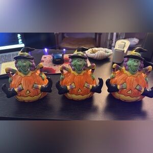Vintage ceramic, Colorful, Witch Pumpkin Figurines Trio